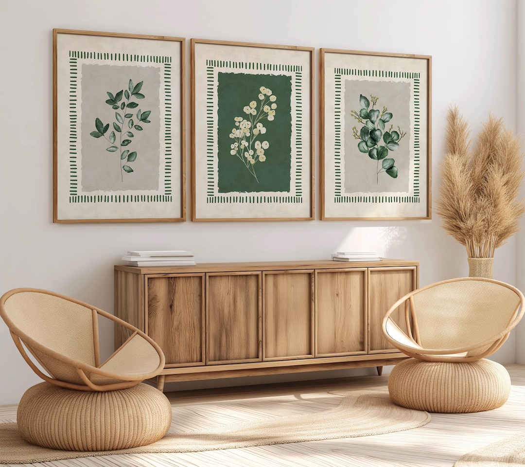 Set of 3 Botanical Prints, Sage Green Beige Wall Decor, Watercolor ...