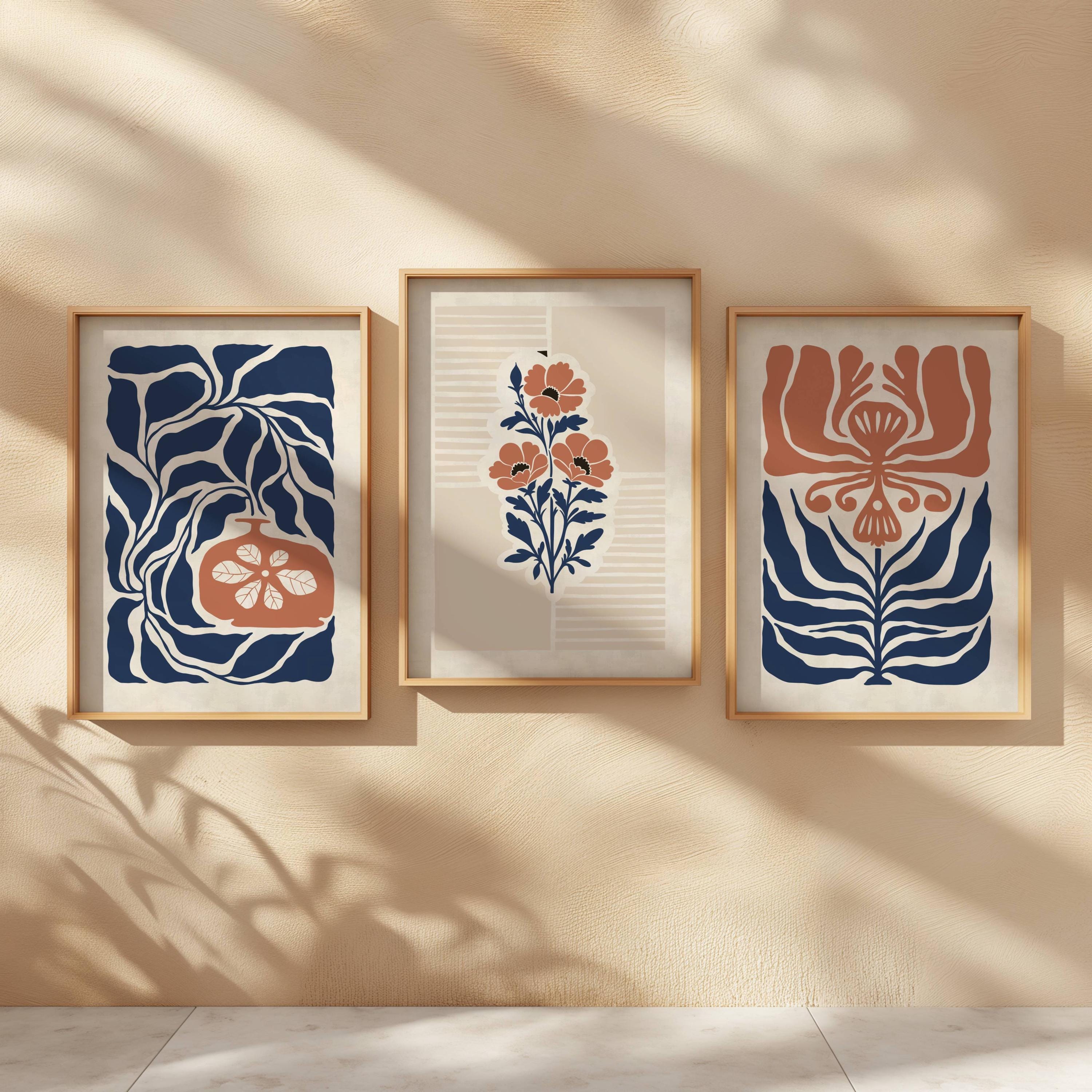 Boho Botanical Wall Art Set of 3, Terracotta and Navy Blue Abstract ...