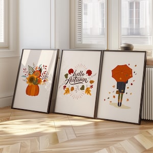 Hello Autumn Wall Art Set | Fall Printable Posters | Pumpkin and Umbrella Autumn Decor | Seasonal Gallery Wall Prints for Home