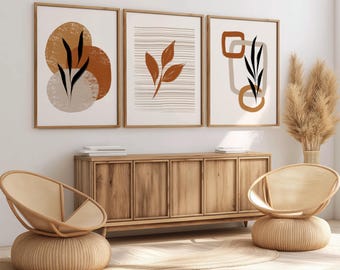 Juego de 3 impresiones de arte mural en tonos tierra, pósteres botánicos minimalistas abstractos neutros, decoración imprimible de estética bohemia para sala de estar.