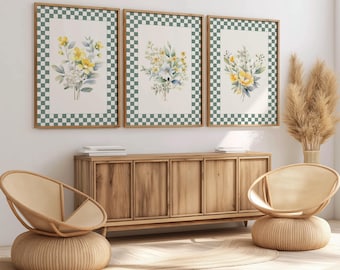 Floral Wall Art Set of 3 | Yellow White Botanical Prints | Rustic Cottagecore Green Checkered Border Decor for Kitchen and Living Room