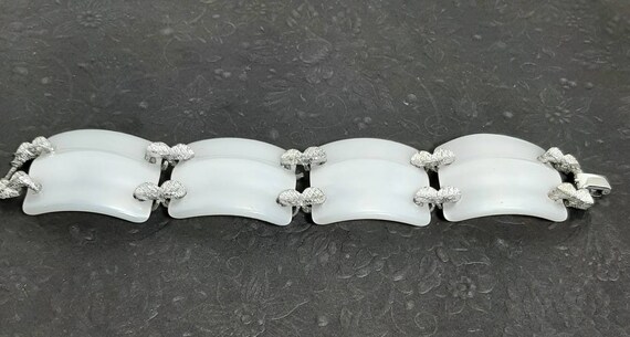 Vintage white moonglow Lucite  panel bracelet - image 3