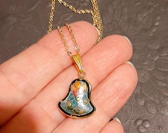 Little bell vintage cloissone enamel pendant necklace, new chain,  two sided puffy pendant