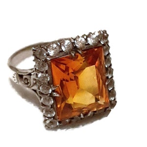 Vintage sterling topaz glass ring, WWII era Italy jewelry, madeira topaz glass ring, orange emerald cut ring, size 7.5 rhinestones 1930s 40s