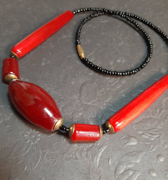 Collier Vintage Perles En Corne Ancien - Marron - État Très Bon