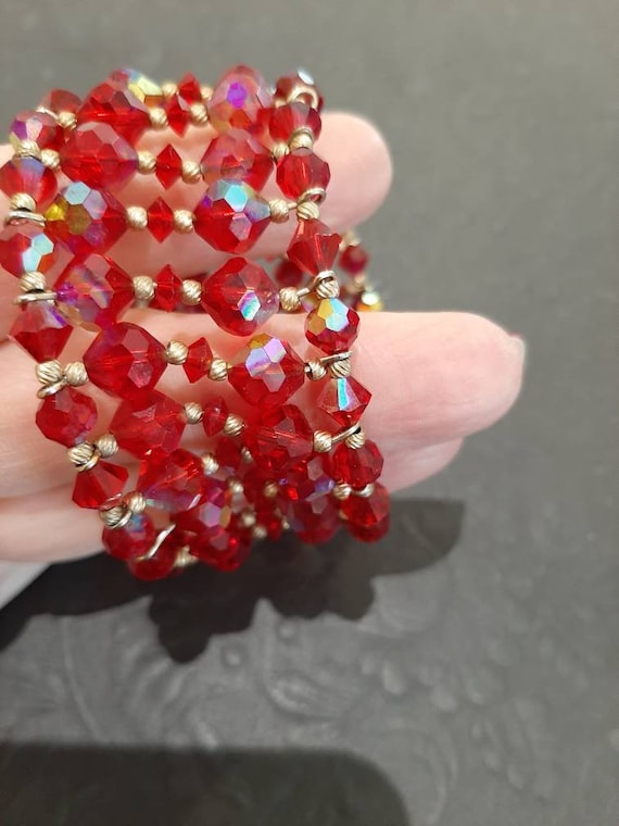 Vintage red aurora crystal memory cuff bracelet,  
