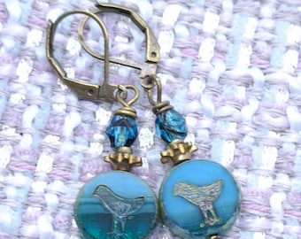 Dreamy aqua blue bird glass earrings | Keep a Bluebird in Your Heart | Czech etched art glass beads | antiqued brass 1"
