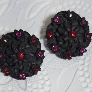 Dramatic old black, red and pink celluloid clip earrings, vintage