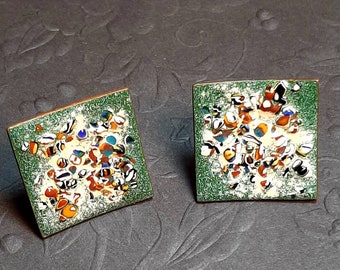 Vintage grüne Emaille auf Kupfer Kunst Ohrringe, Schraubrücken