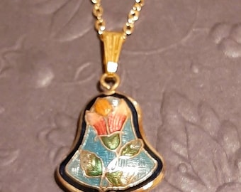 Kleine Glocke Vintage Cloissone Emaille Anhänger Halskette, neue Kette, zweiseitiger Puff anhänger