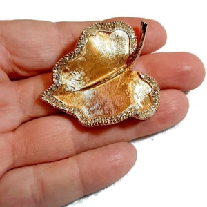 BSK vintage satin gold brooch, leaf with rhinestones 1950s luxe, stunningly rich