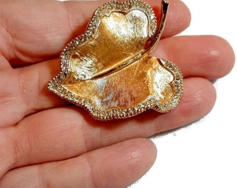BSK vintage satin gold brooch, leaf with rhinestones 1950s luxe, stunningly rich