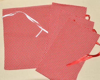 Fabric Gift Bags, set of 4, Red with white hearts, party bags, hostess bags, reusable, Valentine’s Day