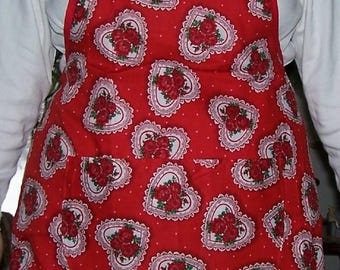 Adult apron Red hearts cotton fabric apron Kitchen accessory Bib apron Gift for women Gift for cooks Full apron Pull-over apron