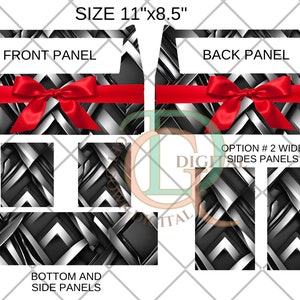May include: A digital download for a 11 inch by 8.5 inch box with a black and silver geometric pattern. The front and back panels feature a red bow. The sides are available in two options, one with a wide panel and one with two narrow panels.