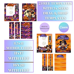 Op de afbeelding: Twee afdrukbare Halloween-sjablonen met Mickey Mouse en Minnie Mouse verkleed als heksen. De sjablonen zijn verkrijgbaar in drie formaten: 8,5 x 11 inch zonder voeten, 11 x 17 inch met voeten en 16 x 20 inch met voeten. De sjablonen zijn ontworpen voor gebruik met Canva.