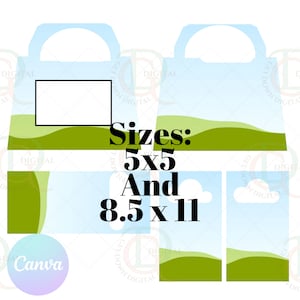 May include: Digital design templates with a landscape theme. The design features a blue sky, green hills, and white clouds. The text on the image reads "Sizes: 5x5 and 8.5 x 11" and "Canva".