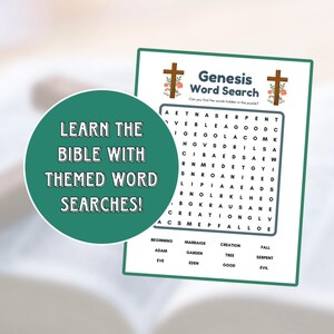May include: A green and white printable word search puzzle with the title "Genesis Word Search". The puzzle features words related to the book of Genesis in the Bible, such as "Adam", "Eve", "Serpent", "Creation", and "Garden".