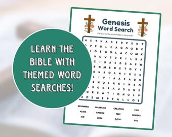 May include: A green and white printable word search puzzle with the title "Genesis Word Search". The puzzle features words related to the book of Genesis in the Bible, such as "Adam", "Eve", "Serpent", "Creation", and "Garden".