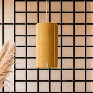 Puede incluir: Una lámpara colgante cilíndrica de madera, con un acabado de tono amarillo cálido, cuelga de un cable blanco. La luz está suspendida frente a un patrón de rejilla negra, con hierba ornamental seca en primer plano.