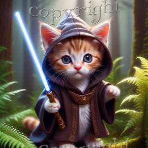 chaton Jedi... avec un sabre laser. chat, animal de compagnie, mignon, doux, amusant, drôle, fantastique, Star Wars, décoration murale, cartes, cadeau, beau téléchargement d'art de chat