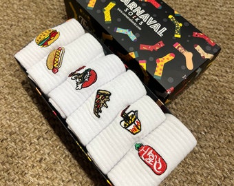 Embroidered Fast Food Socks: Novelty Cotton Blend Socks