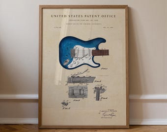May include: Framed vintage patent art print of a blue electric guitar. The print includes detailed diagrams and the text "United States Patent Office". The guitar illustration is in the centre, with a wooden frame.