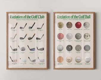 Set met golfevolutieprints - vintage tot modern golfclub en bal muurkunst, sport slaapkamer decor, golfgeschiedenis, (set van 2)