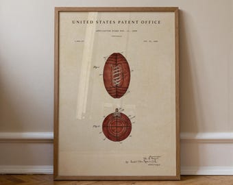 Grafika patentowa na futbol amerykański: Plakat z historią futbolu amerykańskiego, ręcznie malowana akwarelami sztuka futbolu amerykańskiego w stylu vintage, dekoracja pokoju gier