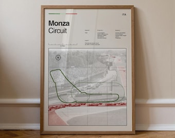 Grafika toru wyścigowego Monza – dekoracja ścienna z mapą toru Monza w stylu vintage, prezent dla fana podróży i sportów motorowych, wyjątkowa grafika ścienna Monza