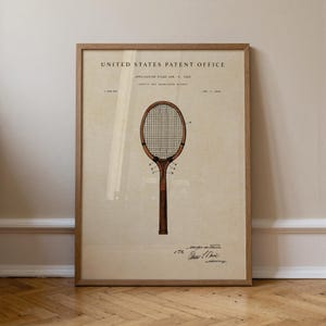 Akvarell tennisracketpatentkonsttryck: Vintage sportdekor
