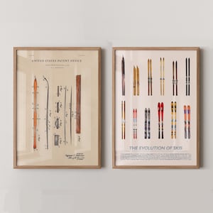 Puede incluir: Dos impresiones enmarcadas. La impresión de la izquierda es un diagrama de patente de esquís, con el texto "UNITED STATES PATENT OFFICE". La impresión de la derecha muestra la evolución de los esquís, con el texto "THE EVOLUTION OF SKIS". Ambas impresiones están en marcos de madera.