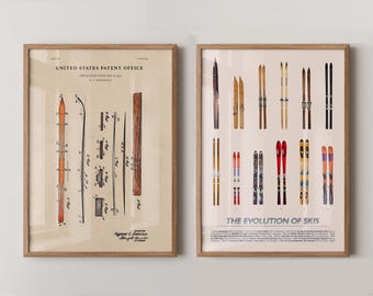 Puede incluir: Dos impresiones enmarcadas. La impresión de la izquierda es un diagrama de patente de esquís, con el texto "UNITED STATES PATENT OFFICE". La impresión de la derecha muestra la evolución de los esquís, con el texto "THE EVOLUTION OF SKIS". Ambas impresiones están en marcos de madera.
