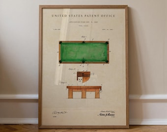 Watercolor Pool Table Patent Print, Vintage Billiards Room Wall Art, Game Room Decor, Pool Table Illustration, Retro Billiards Poster