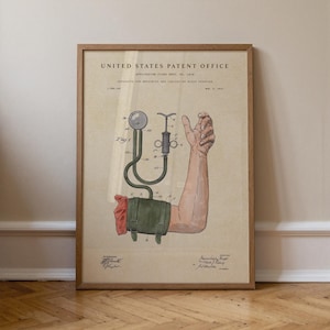 Lámina con patente de esfigmomanómetro, acuarela pintada a mano, regalo para médicos, regalo para enfermeras, material médico, regalo vintage único.