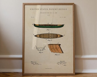 Canoe Patent Watercolor Print | Vintage Sports & Cabin Decor | Lake Lover Wall Art | Outdoor, Lodge, Rustic Home Gift