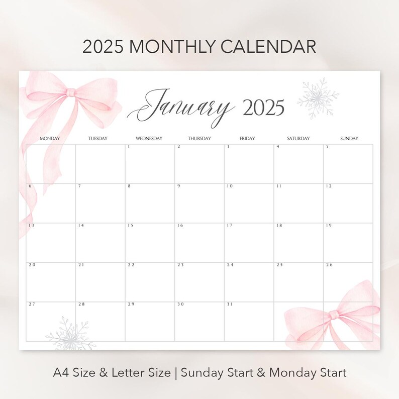 2025 Printable Calendar Monthly Planner Wall Calendar Coquette Bow ...