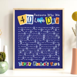 Póster con motivos para el Día del Padre, 40 cosas que amamos, papá, póster del Día del Padre, letrero con collage de letras para el Día del Padre, 50 razones por las que te amo.