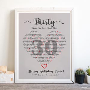 30 Reasons We Love About You Print, 30 Things Why Love You, Heart Shaped Custom  Text Birthday Gift, Gift for Bestfriend Mum Birthday Poster
