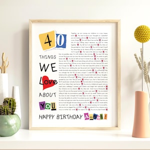 Póster "40 razones por las que te amamos", collage de letras para regalo de cumpleaños, regalo personalizado para 40 años, cuarenta razones por las que te amamos (imprimible)
