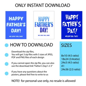 Op de afbeelding: Digitale Vaderdagposters in blauw en wit. De posters zeggen "Happy Father's Day!" en "We love you, Dad!" met verschillende lettertypen. Inclusief downloadinstructies en formaten zoals 20x25cm en 61x91cm.