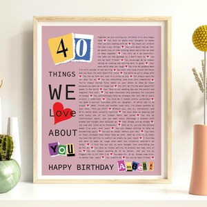 Póster "40 razones por las que te amamos", carta personalizada para regalo de cumpleaños, texto personalizado para 40 años, 40 cosas que amamos de ti (imprimible)