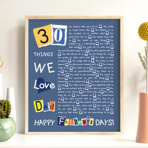 Póster "Feliz Día del Padre con Razones", póster "30 Cosas que Amamos a Papá", letrero "Feliz Día del Padre" con collage de letras, treinta razones por las que te amo.