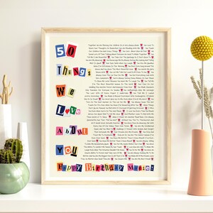 Póster "50 razones por las que te amamos", collage de letras para regalo de cumpleaños, regalo personalizado para 50 años, cincuenta razones para amarte (imprimible)