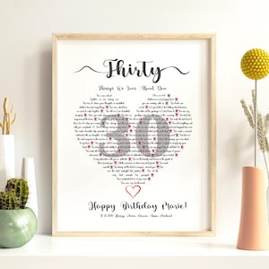 Thirty Things We Love About You Print, 30 Things Why Love You, Heart Shaped Custom  Birthday Gift, Gift for Bestfriend Mum Birthday Poster