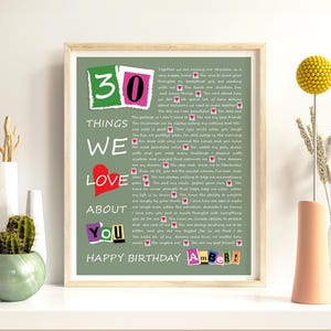 Póster "30 cosas que nos encantan de ti", collage de letras para regalo de cumpleaños, regalo personalizado para el 30.º cumpleaños, treinta razones por las que te amamos (imprimible)