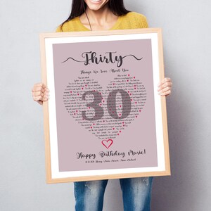 Thirty Things We Love About You Print, 30 Things Why Love You, Heart Shaped Custom Text  Birthday Gift, Gift for Bestfriend Mum Birthday
