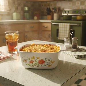 Cazuela vintage de cerámica y vidrio con ramo de flores silvestres de Corning Ware, fabricada en EE. UU.