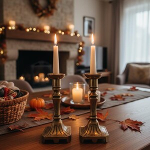 Può includere: Due candele accese in candelabri di ottone ornati su un tavolo di legno. Il tavolo è decorato con foglie autunnali e una piccola zucca. Una scena autunnale accogliente con camino e ghirlanda sullo sfondo.