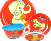 1950 39 s tin toy tea set with Circus design by Ohio Art Co. 4 pieces, cup, plate, saucer bread plate.